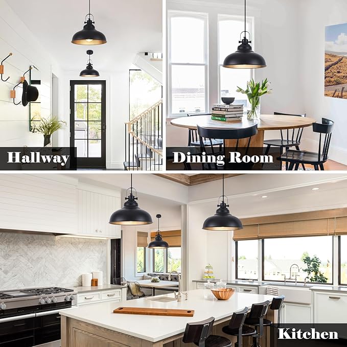 Black Pendant Lights Kitchen Island, 11.4 Inch Dome Pendant Light, Farmhouse Pendant Light, Island Pendant Light for Kitchen Island, Dining Room, Living Room (3 Pack)