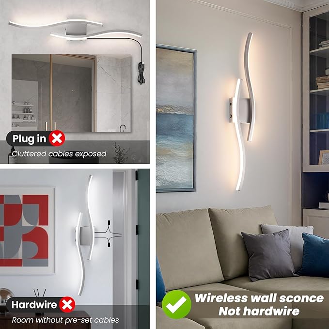 Modern LED Wall Sconce Set of Two, Dimmable Battery Powered Wall Sconces, 3000K-6500K LED Wireless Wall Light with Remote, Wall Lamp Indoor not Hardwired for Room Bedroom Corridor（Nickel）