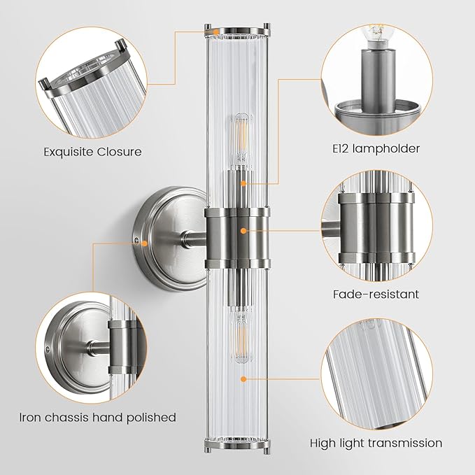 Bathroom Sconce Wall Lighting - Nickel Bathroom Vanity Light Fixture Vertical and Horizontal Wall Mount 2-Light Modern Indoor Wall Light for Hallway Living Room(E12 Bulbs Excluded)