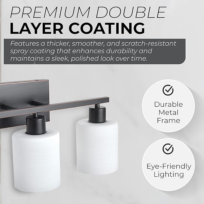 The Door Bull Modern Bathroom Vanity Light, Milky White Glass Shades, Wall Sconce for Bedroom & Living Room, E26 Socket, Over Mirror Lighting Fixture (Oil Rubbed Bronze, 3 Lights)