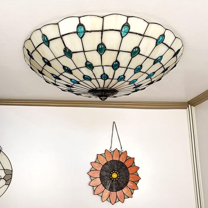 Tiffany Flush Mounts Ceiling Lights,Peacock Blue Crystal Beads Stained Glass Lampshade Ceiling Lamp for Kitchen Dining Room Livingroom Bedroom Ceiling Chandeliers Pendant Light,Blue,16in
