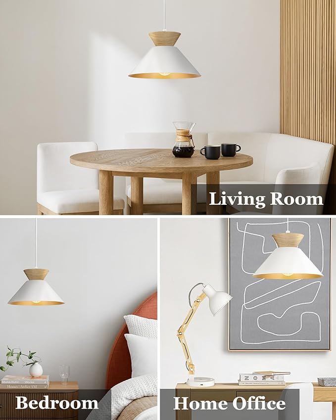 ELYONA 3 Pack Modern Pendant Light Fixtures Solid Wood Ceiling Hanging Lamp Matte White Metal & Gold Inner Finish Nordic Pendant Light for Farmhouse Kitchen Island Dining Room Bedroom Living Room