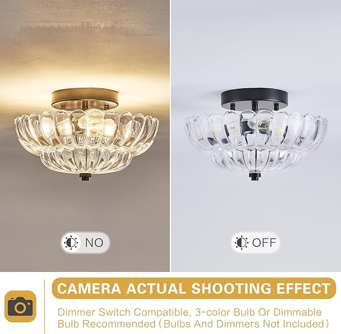 3-Lights Mid Century Modern Vintage Semi Flush Mount Ceiling Light Fixture,Black Surface Treatment,Clear Flower Glass,for Hallway Bedroom Bathroom Foyer Closet Entryway Laundry Room(11.81 in)