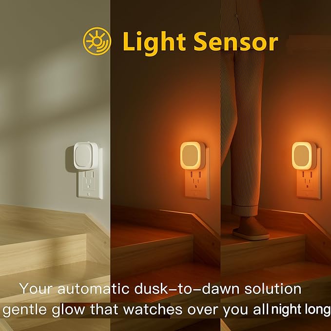 YUNLEX 4 Pack Amber Night Light, Dusk to Dawn Sensor, Warm Glare-Free Reflected Glow, 3-Level Dimmer, Auto On/Off, Plug-in LED Nightlight for Bedroom, Kids, Bathroom, Sleep, Baby Nursery, Toddler