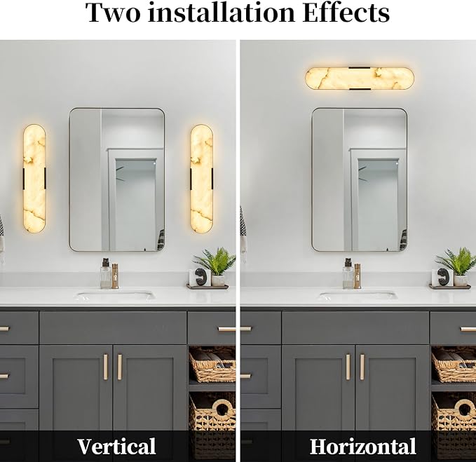 Alabaster Wall Sconces 20" Black Natural Marble Wall Sconce LED Hardwired Lighting Fixture Marble Bathroom Vanity Sconce Luxury Indoor Alabaster Wall Lamps for Living Room Hallway Stairway