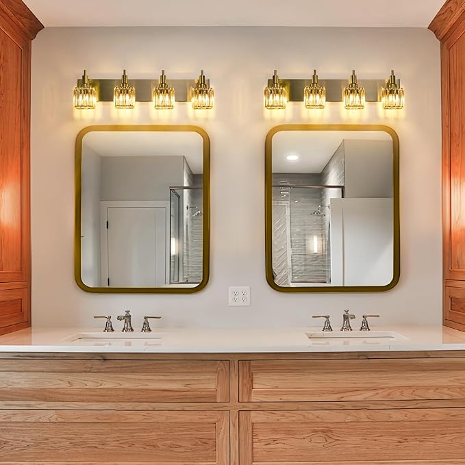 Gold Bathroom Light Fixtures, 4-Lights Crystal Bathroom Vanity Light Over Mirror Modern Gold Crystal Wall Light