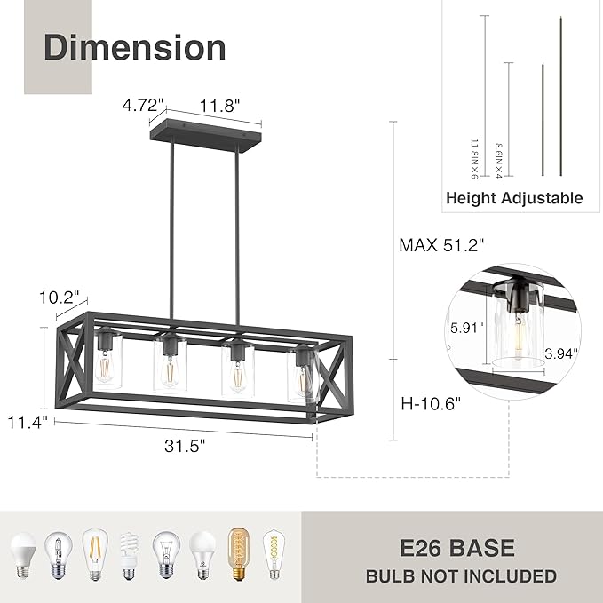 Espird Farmhouse Dining Room Light Fixture - 4 Light Kitchen Island Lighting with Adjustable Height & Thickened Metal Dining Room Light Fixture Over Table，Chandeliers for Dining Room&Kitchen Island