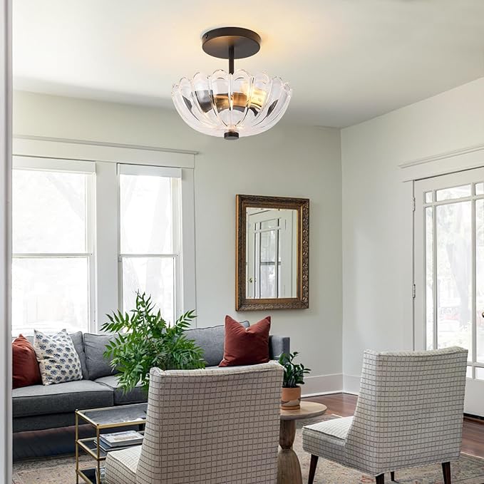 Semi Flush Mount Ceiling Light, Modern Kitchen Lighting Fixtures Ceiling, Rustic Ceiling Light Fixtures, Ceiling Lights with Glass Shade for Hallway Foyer Entryway Bedroom