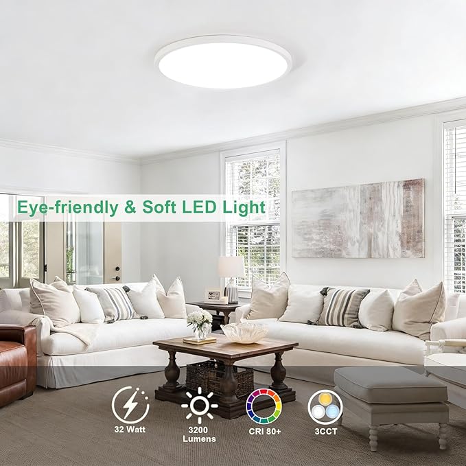 1PK 15.8 Inch LED Flush Mount Ceiling Light Fixture, 32W,3200LM,3000K/4000K/6000K CCT Selectable,0.67 inch Super Slim LED Ceiling Light for Bedroom,Hallway,Kitchen,White