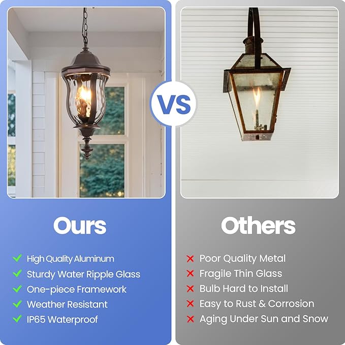 Large Outdoor Pendant Light Fixtures, 23.6'' Exterior Hanging Lantern Porch Light Adjustable, Brown Hanging Lamp Farmhouse Exterior Chandelier Ceiling Mount for Entrance Patio