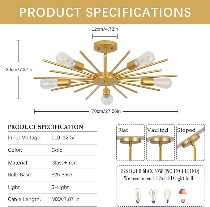 Gold Semi Flush Mount Ceiling Light, 27.5 Inch 5-Light Large Sputnik Flush Mount Light Fixtures, Modern Mid Century Sloped Ceiling Lighting for Kitche n, Entryway, Bedroom, Living Room