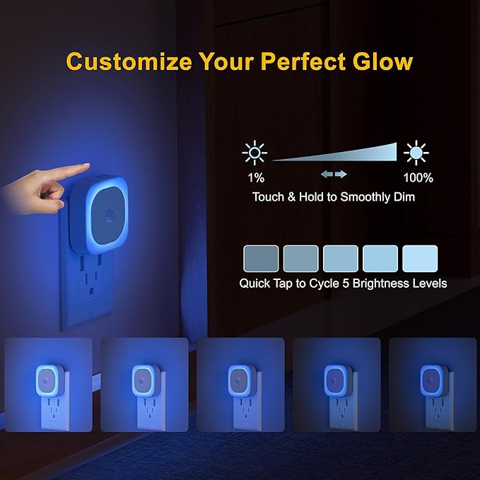 YUNLEX 2 Pack Plug in Night Light with Motion Sensor & Dusk to Dawn Sensor, 3 Sensor Modes, Auto ON/Off, Dimmable, Night Lights Plug into Wall for Bathroom, Kitchen, as Mother Gifts, Light Blue