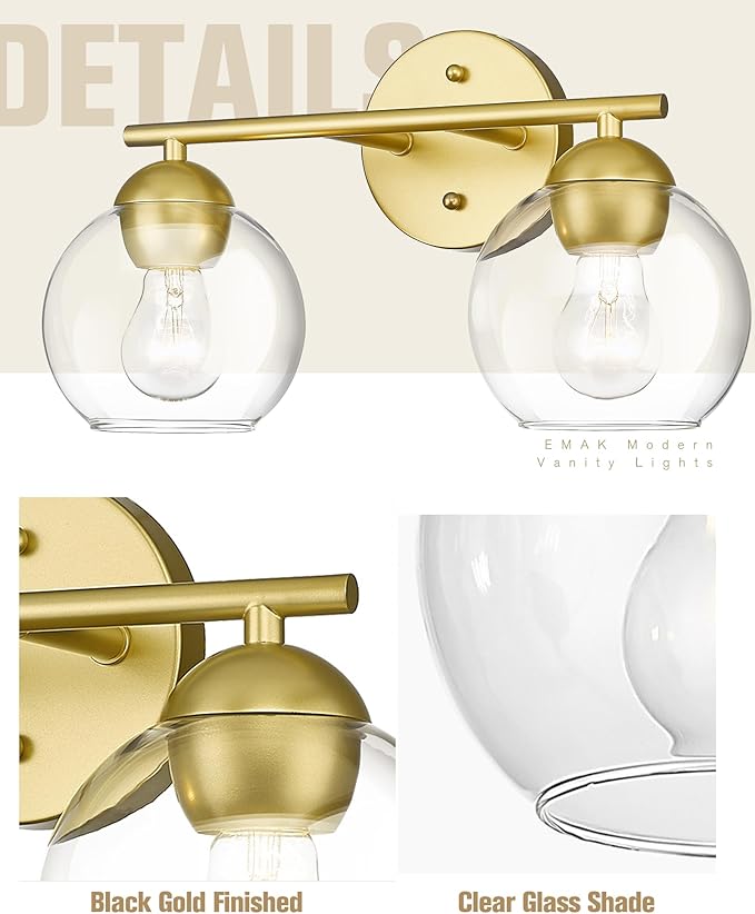 Emak 2-Light Gold Bathroom Light Fixtures Over Mirror, Globe Bathroom Vanity Light with Clear Glass Shades and Gold Finish, VL114-GD-2