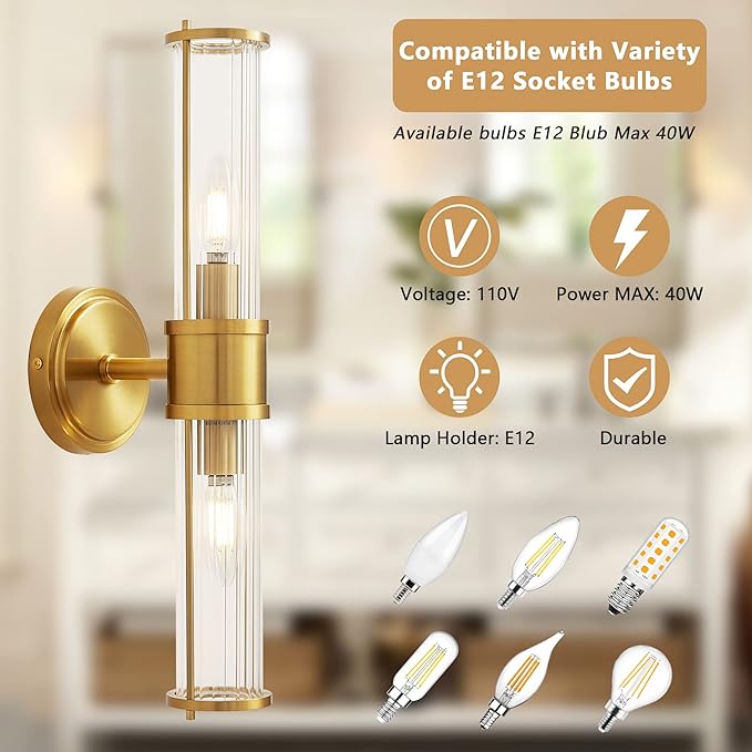 Gold Wall Sconce, Bathroom Light Fixtures with Threaded Glass Indoor Wall Sconces, Modern Sconce Wall Lighting Up and Down Vanity Lights Fixtures for Bathroom Mirror, Hallway, Living Room