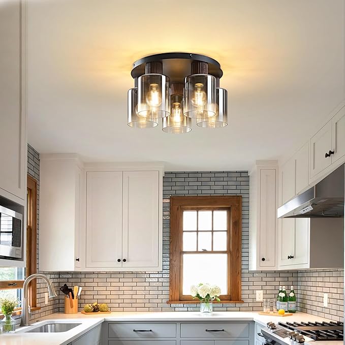 5-Lights Semi Flush Mount Ceiling Light Kitchen Lighting Fixtures Ceiling Black Walnut Wood Kitchen Cieling Light Fixtures with Clear Glass Shade for Dining Room Entryway Foyer Hallway