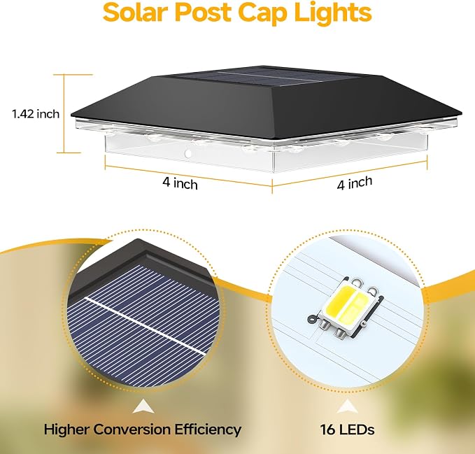 Mlambert 16 Pack Solar Post Cap Lights Outdoor - 3 Lighting Modes Waterproof LED Solar Post Lights Fit 3.5×3.5 Wood/4×4 Vinyl Fence Deck Posts, Black