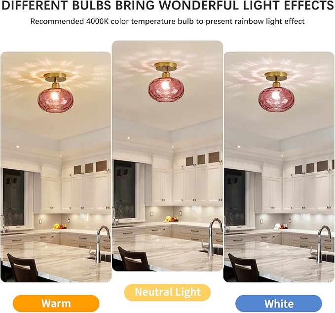Red Glass Semi Flush Mount Ceiling Light - 7.9 Inch Hammered Art Deco Glass Small Hallway Light fixtures, Vintage Gold Flush Mount Ceiling Light for entryway Foyer Laundry Room Kitchen