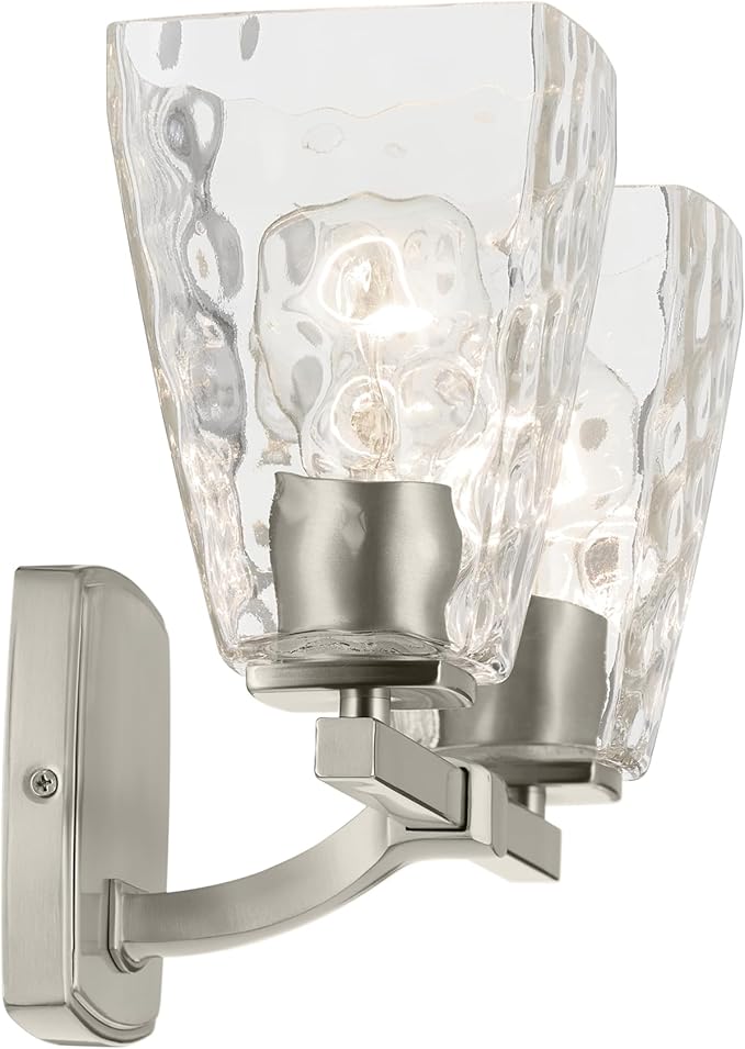 Kichler Marant 2-Light Bathroom Vanity Light Fixture with Clear Water Glass in Brushed Nickel, Modern Wall Mount Light for Bathroom Over Mirror (14.25 in x 9.5 in), 55215NIWTR