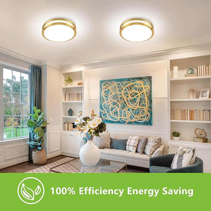 OOWOLF 2PACK 13inch Flush Mount LED Ceiling Light Fixture, 5CCT 36Watt 3600LM, 3000K 3500K 4000K 5000K 6000K 5 Color Selectable Dimmable Ceiling Lamp, Gold Ceiling Light for Kitchen Bedroom Bathroom