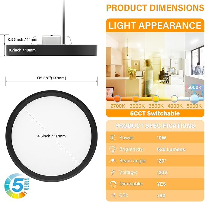 5 Inch Black Flush Mount Ceiling Light 5CCT Selectable LED Edgelit Slim Surface Mount Downlight for J-Box, Mini Flat Panel Light, Dimmable, 120VAC, 10W, 620LM, CRI90, ETL, Wet Rated, 4 Packs