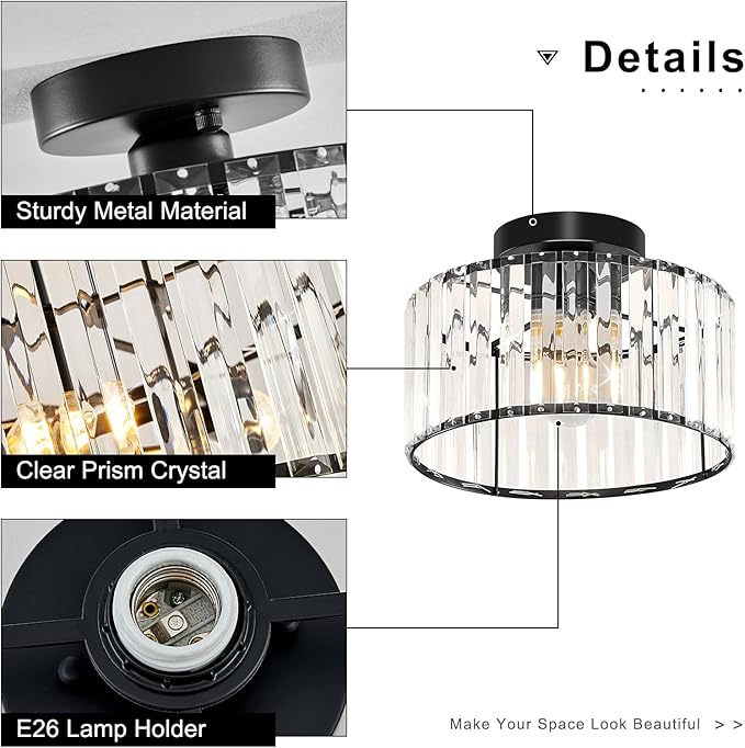 Modern Ceiling Light, Crystal Hallway Semi Flush Mount Ceiling Lighting Fixture, Black Metal Close to Ceiling Lamp for Bathroom Entryway Bedroom Porch Kitchen Living Room