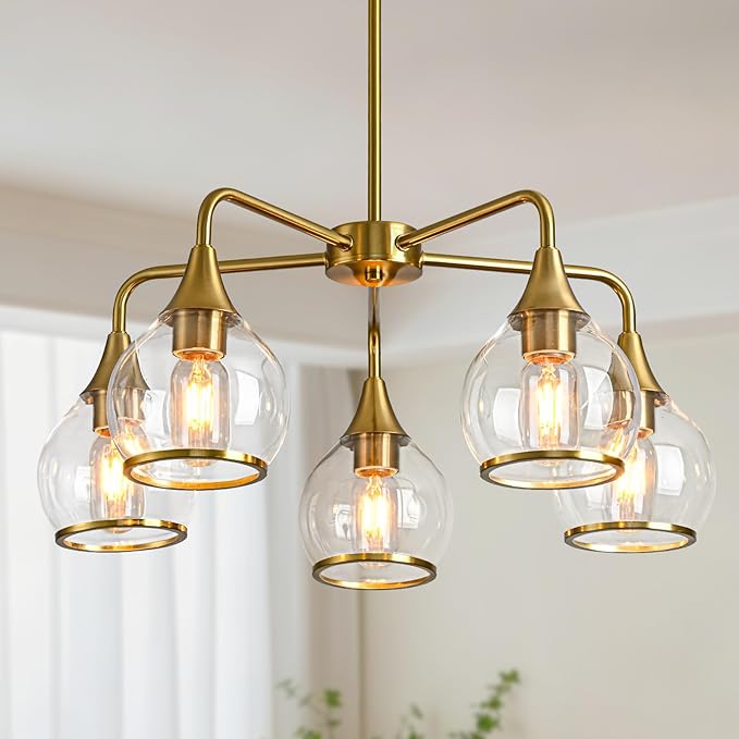 Island Light for Kitchen, 5-Light Gold Kitchen Island Linear Hanging Light Chandeliers Dining Room Light Fixture Over Table with Clear Round Glass Shades