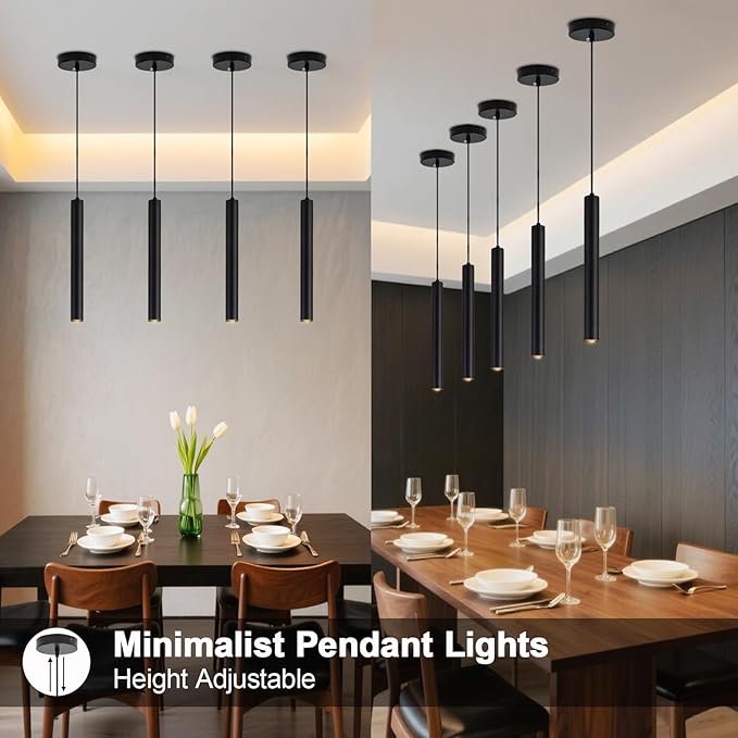 2 Pack Black Pendant Lights, Modern 3W LED Pendant Light Fixtures for Kitchen Island, Long Tube Hanging Light Cord Adjustable for Dining Table Bedroom Bar Hallway (23.6 Inch, 3000K)