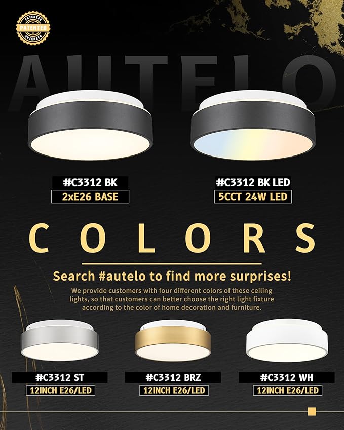 AUTELO Flush Mount Ceiling Light-Black Ceiling Light Fixture - 12Inch LED Close to Celing Lights with Frosted Glass Shade C3312 BK LED