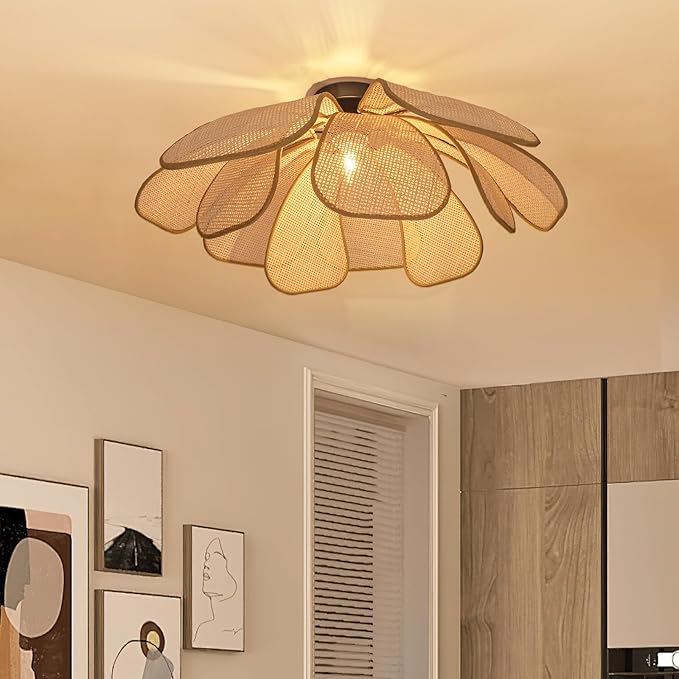 Rattan Ceiling Light Rustic Chandelier Boho Pendant Light Wicker Light Fixture Hand-Woven Rattan Hanging Lamp Boho Lamp for Hallway Entryway Kitchen Island Dining Room Bedroom