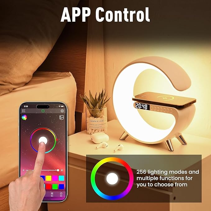 LeeNabao Smart LED Table Lamp, 4-in-1 Wireless Charger, Night Light, Alarm Clock, and Bluetooth Speaker with App Control for Bedroom, Office, and Home Decor (White)