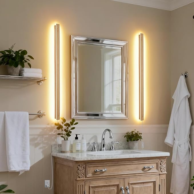 Modern Plug in Long Wall Sconce, 39.3" Faux Wood Texture Finish LED Wall Lights, 20W Warm White 3000K Acrylic Indoor Wall lamp, with 59" Plug Cable for Bedroom, Living Room, Hallway