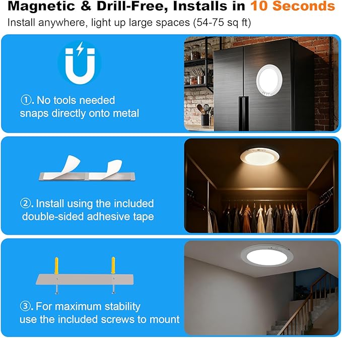Rechargeable Motion Sensor Ceiling Light, 7.5" Ultra-Thin 8000mAh Battery, 450 LM, 5 Color Temps, Dimmable with Timer & Remote, Magnetic Stick-On/Screw Mount for Closet, Hallway, Pantry, 1-Pack