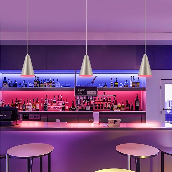 Dijiahua Brushed Nickel Battery Operated Pendant Lights Kitchen Island 3 Pack with Remote Control,Modern Wireless Rechargeable RGB Color Temperatures Hanging Lamp Fixtures with Silver Metal Shade