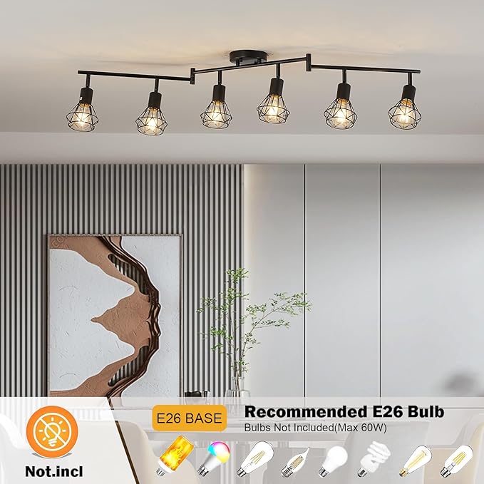 6-Light Black Track Lighting Fixtures Ceiling Modern Farmhouse Track Lighting with Metal Cage E26 Base Kitchen Lights Fixture Flush Mount Ceiling Light Fixture for Dining Room(Bulbs Not Included)