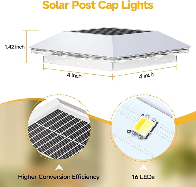 Mlambert 4 Pack Solar Post Cap Lights Outdoor - 3 Lighting Modes Waterproof LED Fit 3.5x3.5 Wood/4x4 Vinyl Fence Deck Posts, White