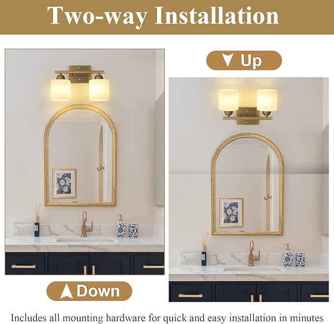 Mecgirn Milk Glass Vanity Lights for Bathroom, 2 Light Brass Bathroom Light Fixtures Over Mirror, Ceramic E26 Sockets Wall Mounted