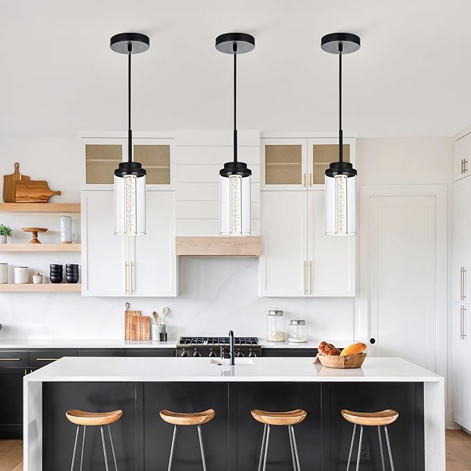MELUCEE 3 Packs Modern LED Pendant Light Fixtures 5 Color Temperature Pendant Lights Kitchen Island Lighting Adjustable Height Black Hanging Ceiling Lamp for Dining Room Bedroom, 3000K-6000K