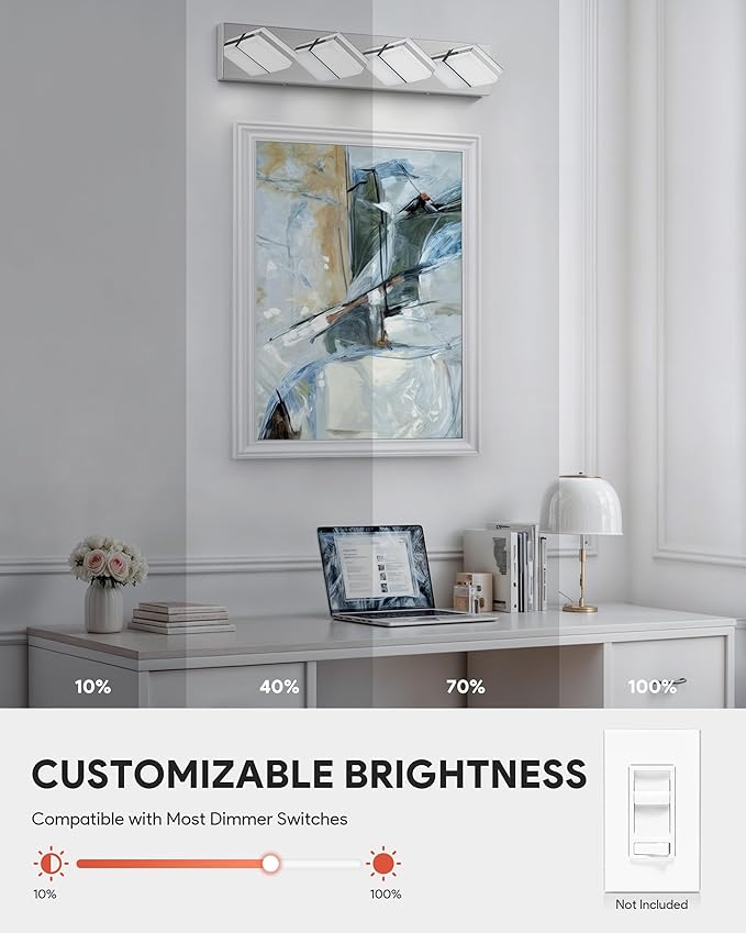 VONLUCE Bathroom Vanity Light Fixture, 4-Light Modern LED Vanity Light, 3CCT Adjustable Bathroom Lights with Memory Function Rotatable Shades, 26" Wall Lighting Fixture Over Mirror, Chrome