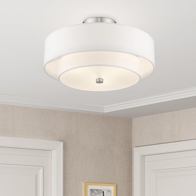 Livex Lighting 51044-91 Brushed Nickel Flush Mount with Off-White Fabric Hardback Shade