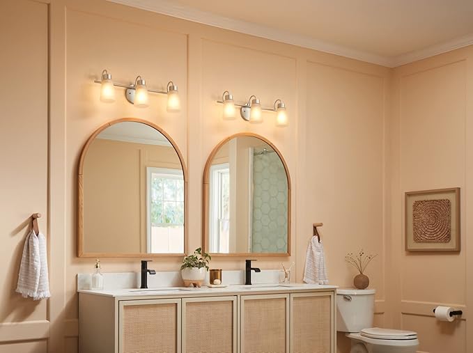 Kichler Stamos 3-Light Bathroom Vanity Light Fixture with Satin Etched Glass Shades, 22 in Modern Wall Mount Light in Brushed Nickel for over Mirror (22 in x 5 in x 8 in), 55121NI