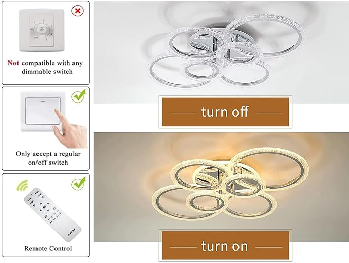 Garwarm Modern LED Ceiling Light Fixture,76W Dimmable LED Chandelier Flush Mount Ceiling Lights Remote Control,6 Ring Ceiling Lamp Fixture for Living Room Dining Room Bedroom(Chrome)