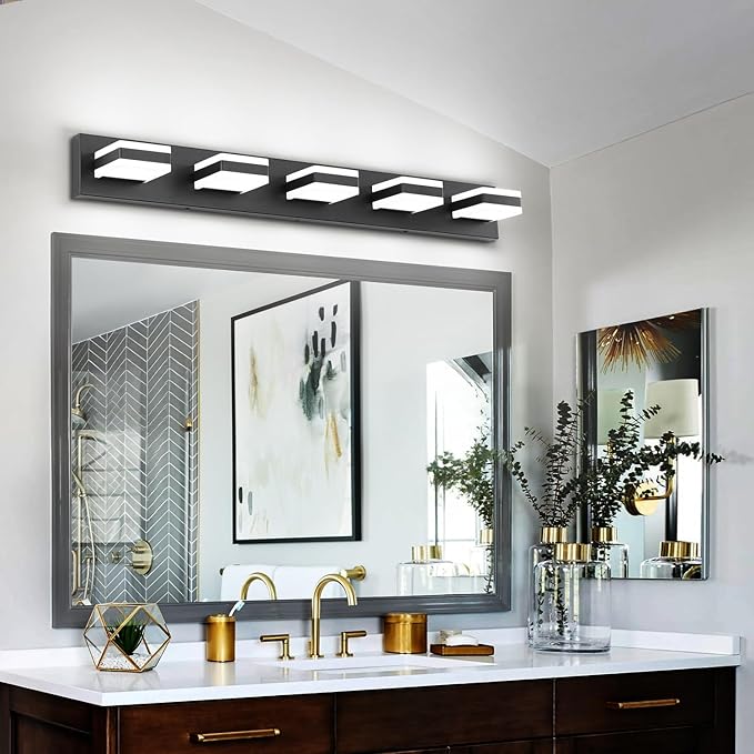 SOLFART Dimmable LED Vanity Lights for Bathroom, Modern Black Bathroom Vanity Lights Over Mirror, 5 Lights Bath Lighting Cool Light 6000K