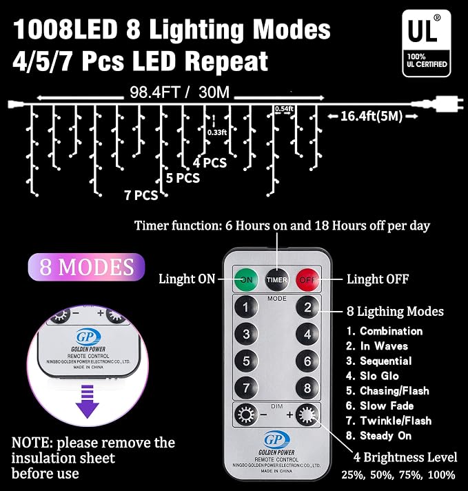 Christmas Icicle Lights Outdoor, 1008 LED 98.4 FT 8 Modes with Remote Control, Curtain Fairy String Lights for Christmas Decorations Holiday Wedding Party Eaves Window Yard Indoor (Multicolor)