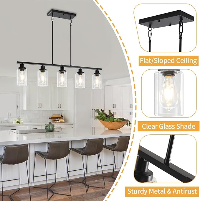 Modern Island Lights for Kitchen, Black Dining Room Light Fixtures Over Table 5-Light Farmhouse Linear Chandelier Adjustable Hanging Kitchen Lights Ceiling Clear Glass Pendant Lighting Over Island