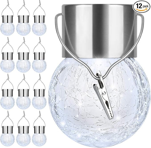 12Pack Outdoor Hanging Solar Lights - Solar Powered Crackle Glass Ball Lights Waterproof Tree Hanging Outdoor Globe Lights with Hook for Garden Balcony Patio Christmas Party Decoration, Daylight White