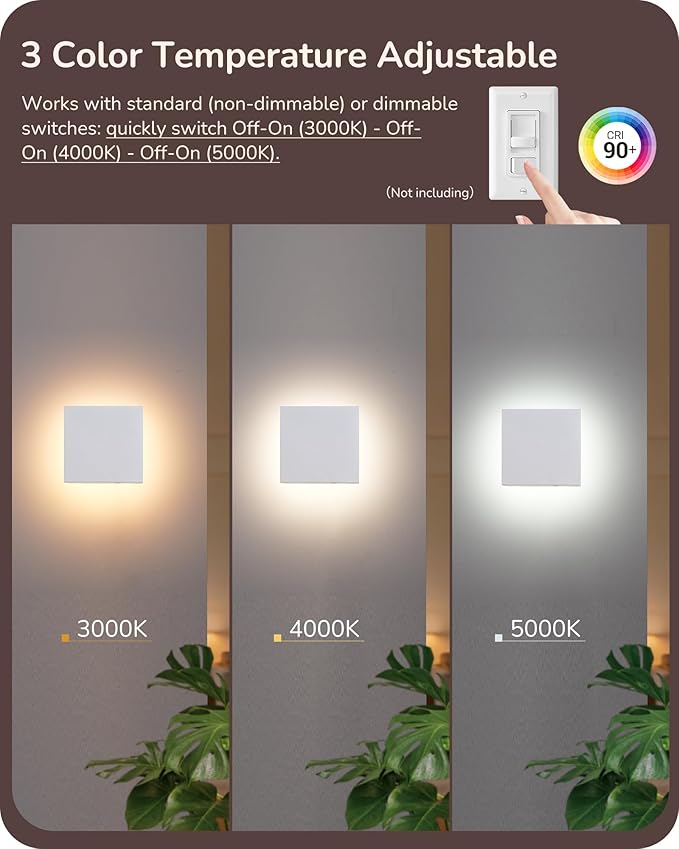 EDISHINE 4 Pack Small LED Outdoor Wall Lights Exterior/Interior, 3000K-5000K Dimmable Wall Sconce, Square Modern Exterior Lighting Fixtures, IP65 Waterproof Aluminum Outside Porch Light, White