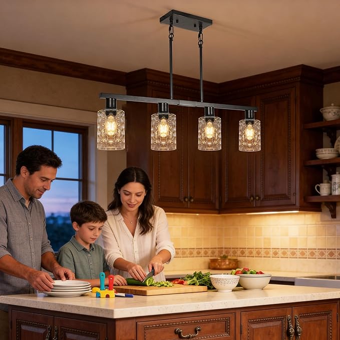 4-Light Kitchen Island Lighting Black Dining Room Light Fixture with Hammered Glass Shade 31" Modern Linear Chandelier Adjustable Hanging Pendant Lighting Over Island Dining Table Living Room