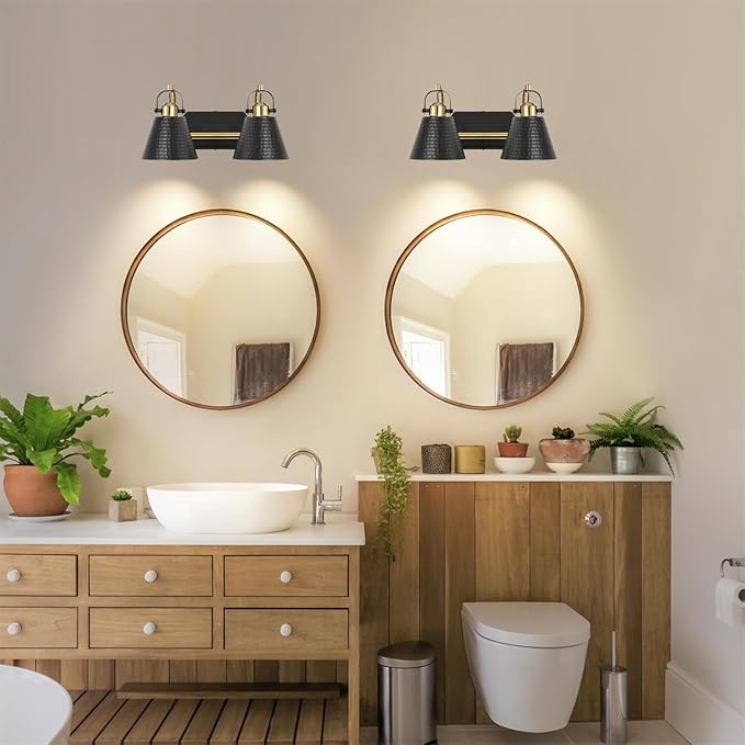 2-Lights Black and Gold Vanity Light, Farmhouse Vanity Light with Rotatable Hammered Shade, Bathroom Light Fixtures Over Mirror, Modern Wall Sconces for Bath Mirror Bedroom Living Room Stair Hallway