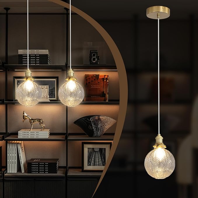 Gold Pendant Lights Kitchen Island with Clear Glass, Vintage 1 Light Gold Glass Globe Pendant Light for Dining Room, Bedroom, Hallway, Farmhouse