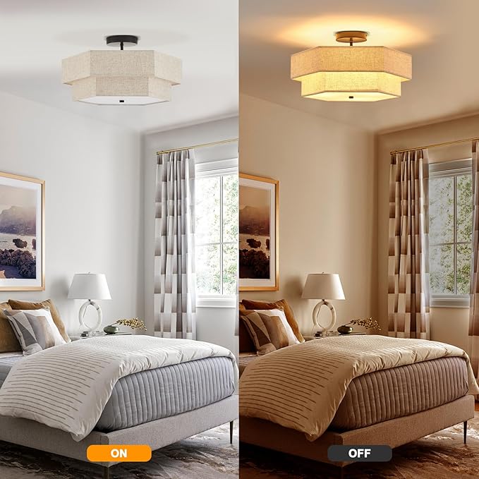 Large Semi Flush Mount Ceiling Light 18" Modern Black Drum Ceiling Lighting Fixture with Linen Shade Vintage Ceiling Lamp for Living Room, Bedroom, Kitchen, Dining Room, Hallway, and Entryway